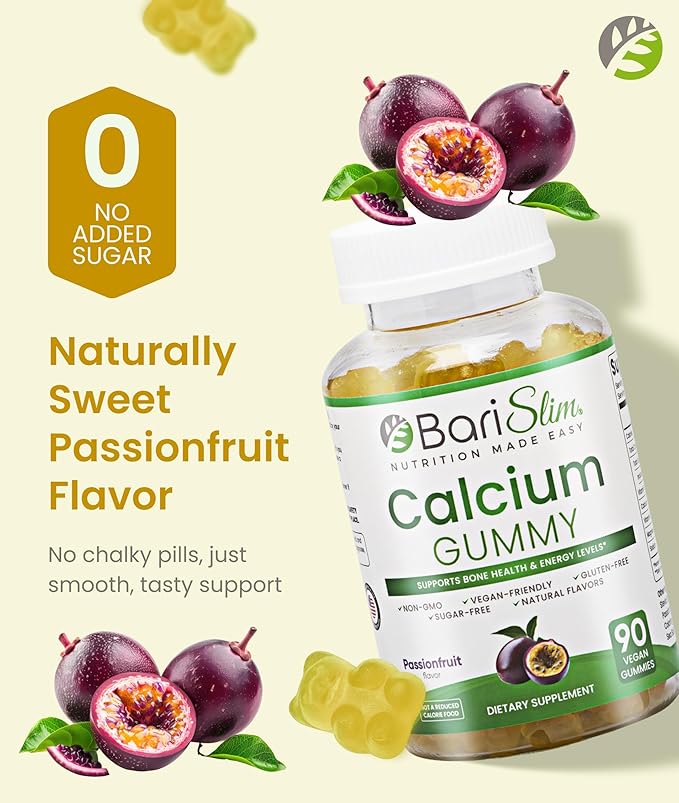BariSlim Bariatric Calcium Gummies - Specially Formulated Bariatric Vitamins for Patients After Weight Loss Surgery - Supports Energy Levels &amp Bone Health | Passionfruit (90 Vegan Gummies)
