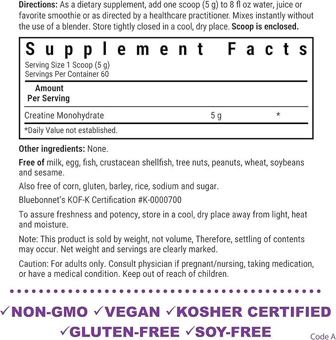 BlueBonnet Nutrition Micronized Creatine Monohydrate 5 g – Supports Lean Muscle Mass* - Non-GMO Vegan Kosher Certified Gluten-Free Soy-Free Milk-Free – Unflavored 10.58 OZ 60 Servings