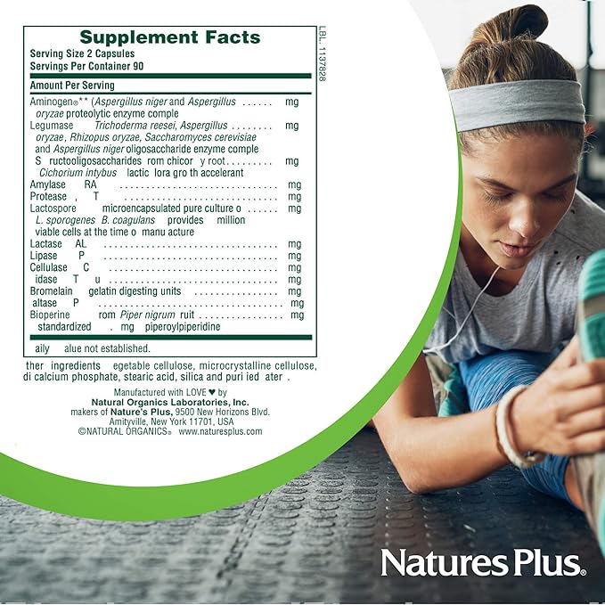 NaturesPlus Acti-Zyme - 180 Capsules - Digestive Enzyme Support Supplement with Probiotics - Promotes Gut Health &amp Digestion - Gluten Free Vegetarian - 90 Servings