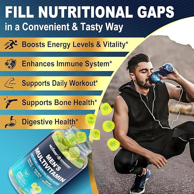 2 Pack Methylated Multivitamin for Men Gummies BCAA Amino Acids Zinc Biotin Vitamin A C E D3 K2 B Complex Calcium Magnesium Lycopene Digestive Enzymes - Energy Muscle Immune - Sugar Free Vegan