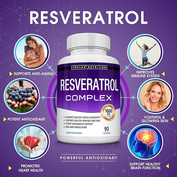 Resveratrol Supplement 1800 mg Antioxidant Complex - Highly Potent Natural Trans-Resveratrol Pills for Healthy Aging Overall Health Support Immune System Brain Function for Men Women 90 Capsules