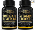 FREZZOR Omega 3 Black Green Lipped Mussel Oil 53x Higher Potency for Superior Joint Comfort &amp Mobility No Fishy Aftertaste 1 Bottle 60 Softgels Plus 1 Bottle of Vitamin D3+K2