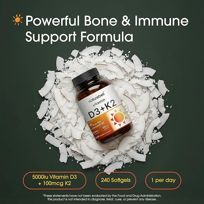 NatureBell Vitamin D3 K2-240 Softgels - 5000 IU Vitamin D3 &amp 100mcg Vitamin K2 MK-7 - with Virgin Coconut Oil - Bone Heart &amp Immune Health Support* - Duo-Ack Formula