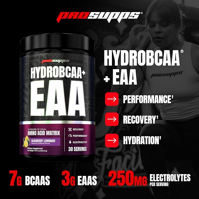 ProSupps HydroBCAA Essential Amino Acids Powder BlackBerry Lemonade - Workout Supplement with BCAA EAAs &amp Electrolytes for Hydration &amp Recovery - Stimulant-Free Soy &amp Gluten-Free - 30 S