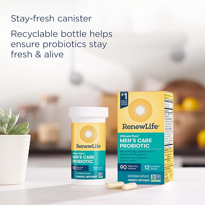 Renew Life Men's Care Probiotic Capsules Supports Mens Digestive Colon Immune and Respiratory Health L. Rhamnosus GG Dairy Soy and gluten-free 90 Billion CFU 30 Count