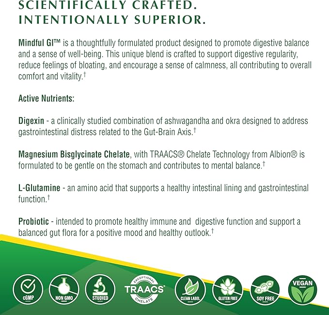 Health Thru Nutrition Mindful GI - Healthy Mind &amp Gut Complex | with Digexin Magnesium L-Glutamine and Probiotic for Gut-Brain Axis Support | Regularity Bloating Calmness Supplement