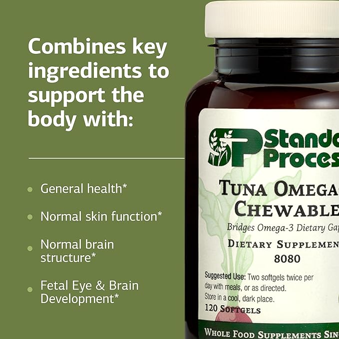 Standard Process Tuna Omega-3 Chewable - Fish Oil Supplement with DHA - Omega-3 Supplement to Support Brain &amp Eye Health - Excellent Source of Antioxidants - Gluten-Free &amp Non-Dairy - 120 Soft