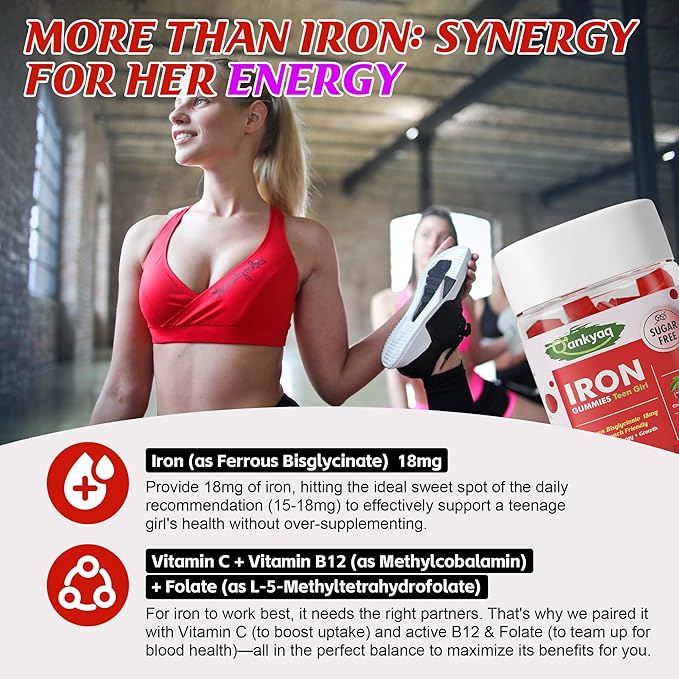 Iron Gummies for Teen Girls Gentle Iron Bisglycinate with Vitamin C Iron Supplement Plus Folate Energy &amp Anemia Support Chewable Sugar Free 60 Gummies