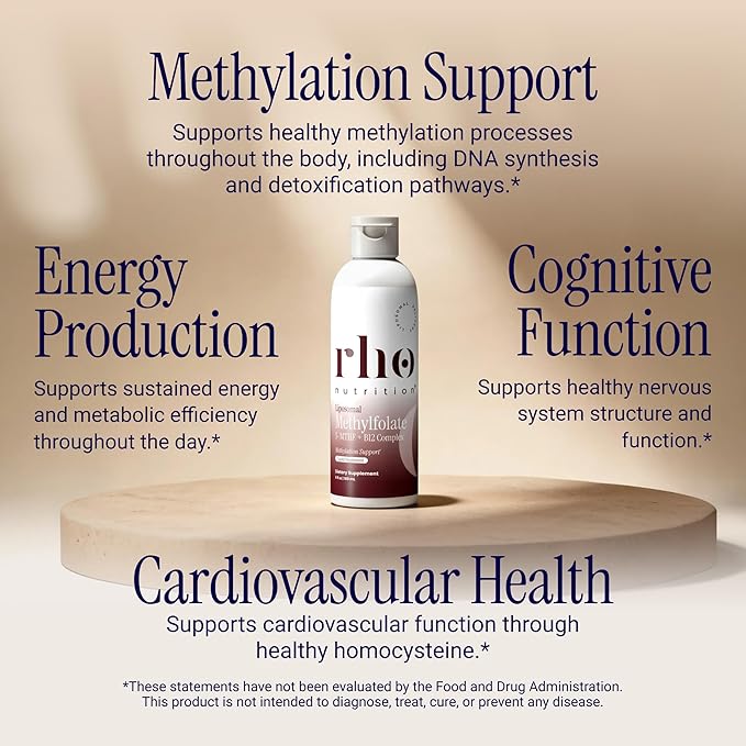 Rho Nutrition Liposomal Methylfolate 5-MTHF + B12 Complex – Ultra High Absorption Bioactive Liquid Methylated Folate &amp B12 – Supports Methylation Energy Production Mood &amp Cellular Health