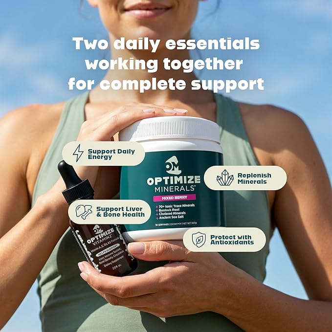 Optimize Minerals Vitamins and Mixed Berry Bundle | All in-One Supplement Pack Ionic Trace Mineral Blend Electrolyte and Micronutrient Support