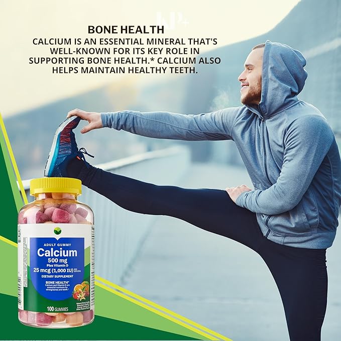 KP+ Calcium Gummies 500 mg with Vitamin D 25 mcg (1000 IU) | 100 Gummies | Natural Fruit Flavors | Pack of 2