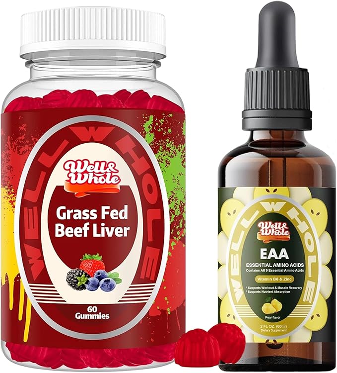 Well&ampWhole Grass Fed Beef Liver Gummies and Essential Amino Acid (EAA) Liquid Drops &amp Liver Support Liquid Supplement