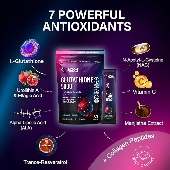 Liposomal Glutathione 5000mg Powder Drink – Advanced 7 Antioxidant Complex with Urolithin A NAC &amp Collagen – Skin Brightening Anti-Aging &amp Detox Support – 30 Sachets
