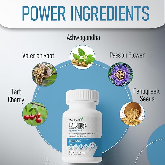 L-Arginine Capsules - 1285MG Blend of Ashwagandha L-Theanine Magnesium GABA Zinc &amp Tart Cherry - Non-GMO 60 Veggie Capsules for Men and Women