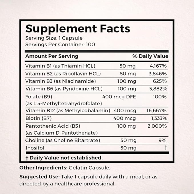 Dr Clark Store Vitamin B Complex (Super B100) 100 Gelatin Capsules 100 Day Supply Methylcobalamin B12 for Daily Vitality Nervous System &amp Antioxidant Support No Synthetic Fillers Easy to Dig