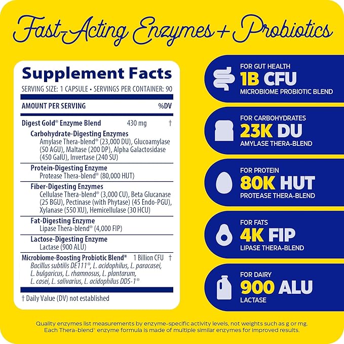 Enzymedica Digest Gold + Probiotics 2-in-1 Digestive Enzymes &amp Probiotic Support Promotes Gut Health with 1 Billion Active Cultures 90 Capsules