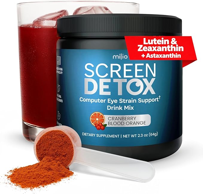 Computer Eye Strain Relief Drink Mix with 20mg Lutein 4mg Zeaxanthin 6mg Astaxanthin Bilberry Fruit &amp Pine Bark Extract Magnesium Glycinate Vision Supplement No Sugar