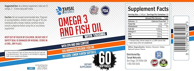 Fish Oil and Omega 3 60 Capsules Natural Pure harvested Fish Oil Support EPA and DHA Helps Brain Heart Joint Flexibility and Nerves Made in USA Gluten Free FDA Registered Facility