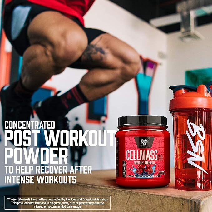 BSN CELLMASS 2.0 Post Workout Recovery with BCAA Creatine &amp Glutamine - Keto Friendly - Blue Raz (25 Servings)