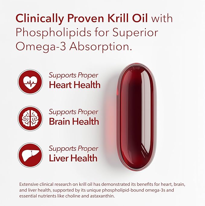 100% Pure Organic Antarctic Krill Oil 1000mg 60-Days Omega 3 Highest Concentration 56% Phospholipids EPA Choline Astaxanthin Wild Caught Sustainable Supports Heart Brain No Fish Oil