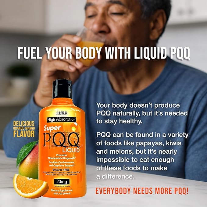 Super PQQ Liquid - Highly Absorbable Pyrroloquinoline Quinone 20 Milligram Best Liquid PQQ for Mitochondrial Biogenesis Supports Heart Health Cognitive Function and Mental Focus