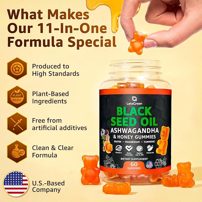 Black Seed Oil Gummies 500mg with Ashwagandha &amp Apple Cider Vinegar - Immune &amp Wellness Support Supplement with Vitamin C Biotin Turmeric - 60 Organic Gummy Bears for Hair &amp Skin