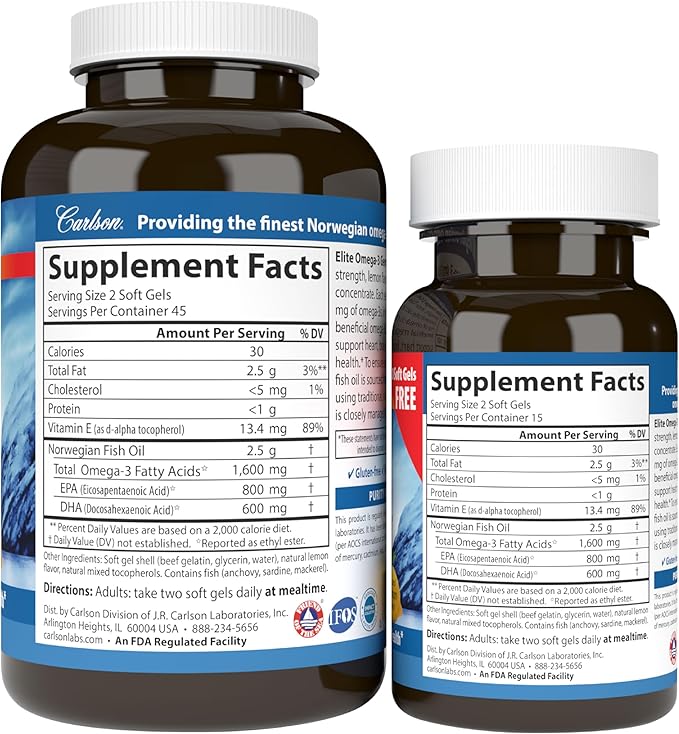 Carlson - Elite Omega-3 Gems 1600 mg Omega-3 Fatty Acids Including EPA and DHA Norwegian Fish Oil Supplement Wild Caught Sustainably Sourced Fish Oil Capsules Lemon 90+30 Softgels