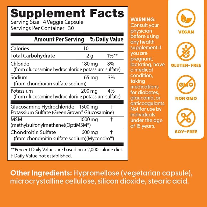Doctor's Best Vegan Glucosamine Chondroitin MSM - Joint Health Support Supplement for Women &amp Men Nutritional Support for Joint Strength Hair Skin &amp Nails Gluten Free Non GMO - 120 Veg C