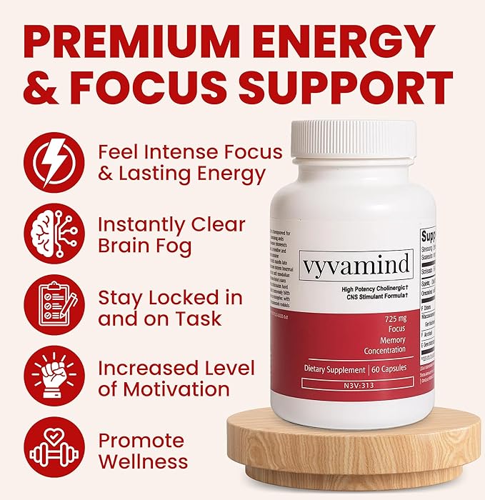 Vyvamind Cognitive Stimulant &amp Focus Aid Nootropic for Enhanced Concentration &amp Mental Clarity Brain Support with Caffeine L-Theanine Fast-Acting Productivity Boost 60 Capsules