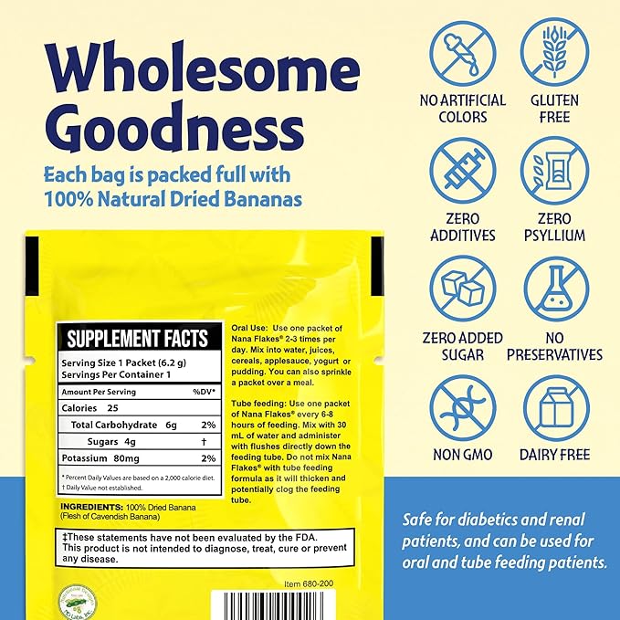 Nana Flakes 100% Pure Banana Flakes Medical Food Powder - Decrease Fat Intake &amp Natural Remedy for Diarrhea &amp Heart Burn - Great Source of Protein&amp Fiber (100 Single-Serve Packs)