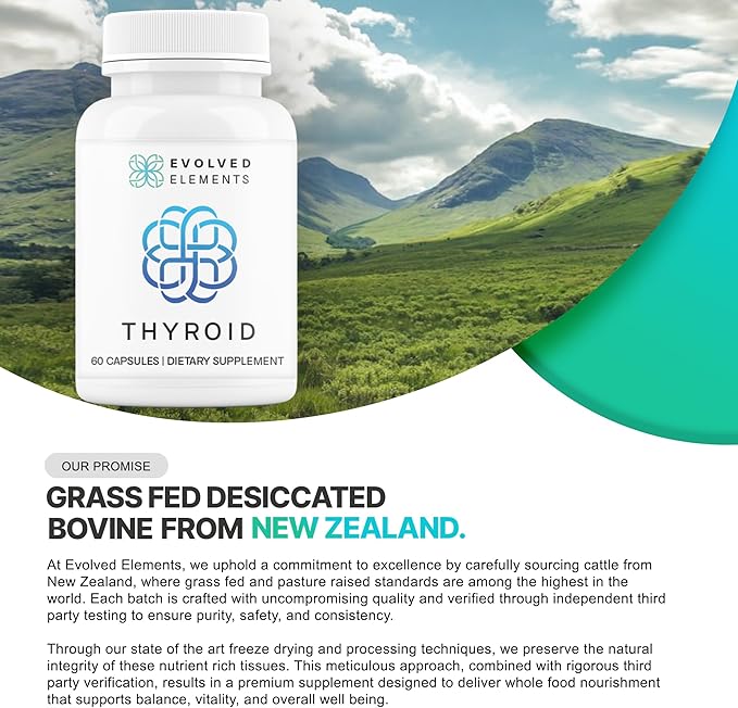 Thyroid – Raw Grass-Fed Desiccated – New Zealand Sourced - Energy &amp Metabolism Support – Non-GMO 60 Capsules