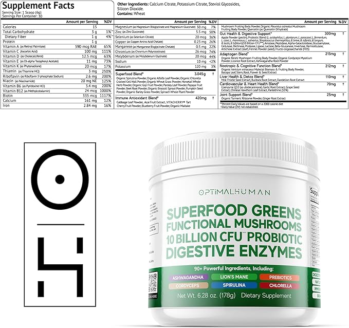 Optimal Human Superfood Greens Powder – 90+ Ingredient Blend with Lion’s Mane Supplement Ashwagandha &amp Turmeric – Non-GMO Soy-Free Mushroom Supplements for Women - 6.28 oz