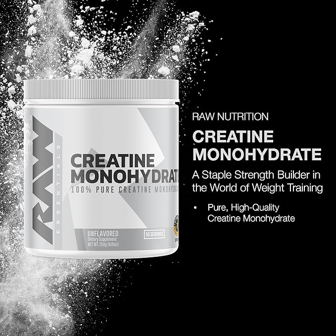RAW Nutrition Creatine Monohydrate Powder - Unflavored Micronized Creatine Monohydrate Workout Supplement for Muscle Energy Strength &amp Endurance - Creatine Powder for Women &amp Men - 50 Serving
