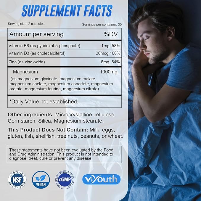 Magnesium 7 Complex Supplement Advanced with Glycinate Citrate Malate Chelate Taurate Orotate Aspartate Capsules with Zinc Vitamin D3 &amp B6 for Sleep Muscle Relief 60 Capsules