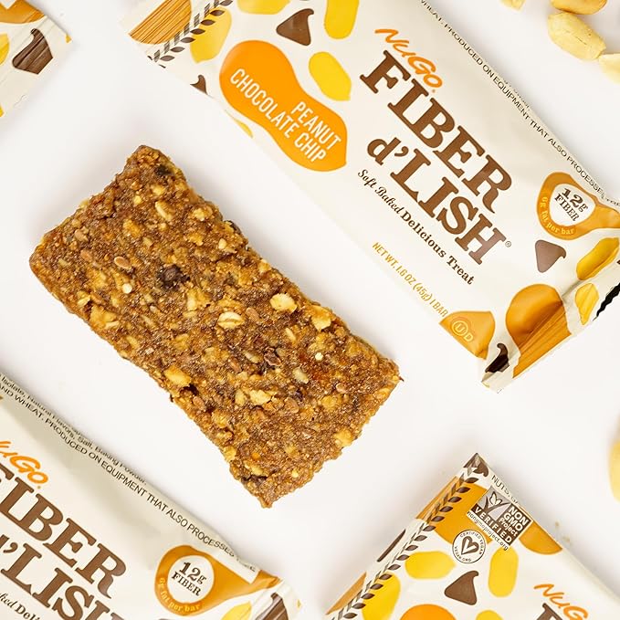 NuGo Fiber d'Lish Peanut Chocolate Chip 12g High Fiber Vegan 160 Calories 16 Count