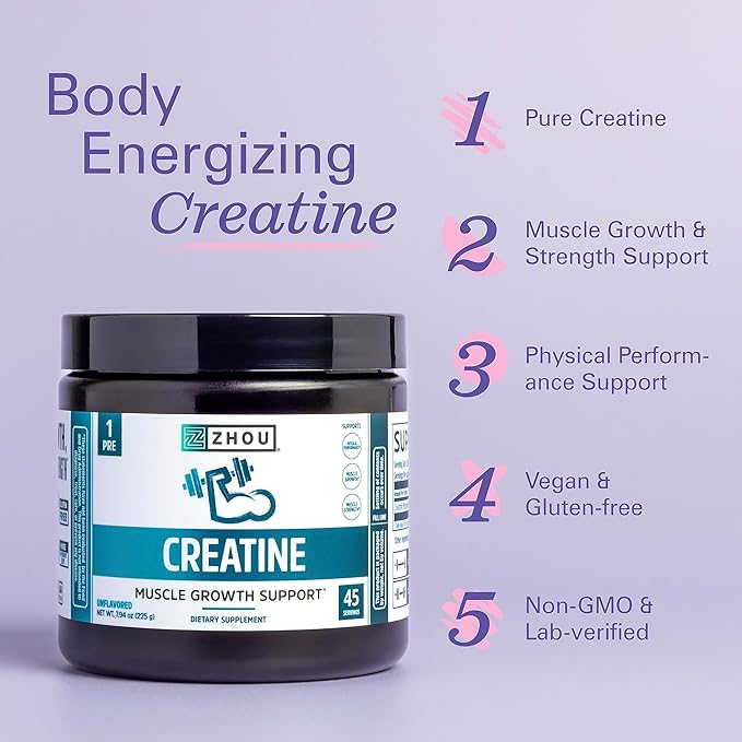 Zhou Creatine - Creatine Monohydrate Powder for Women and Men Pure Unflavored Vegan Muscle Strength Supplement for Your Active Lifestyle - 7.94 oz (45 Servings)