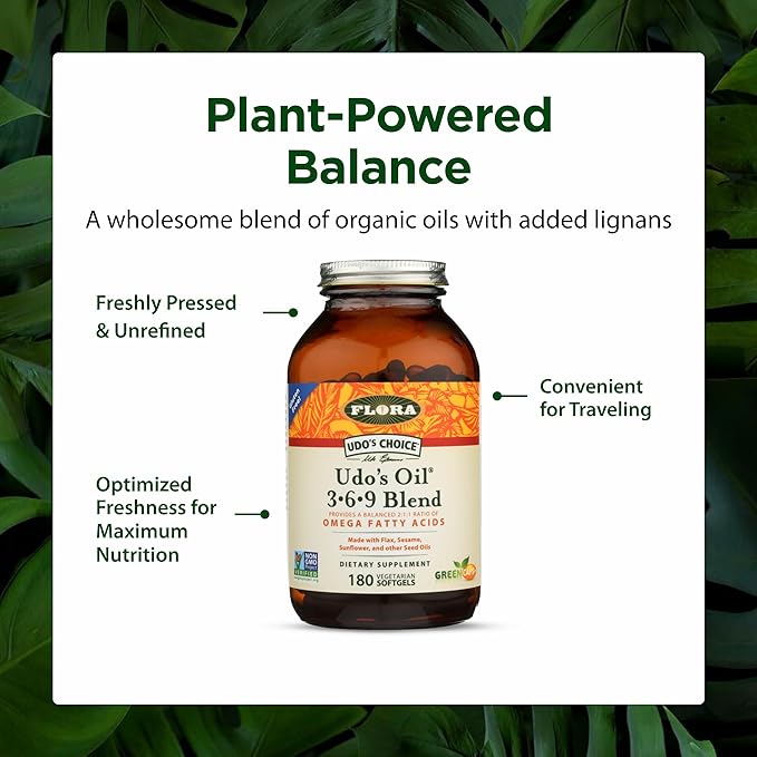 Flora Udo's Oil 3-6-9 Blend - Contains Organic Coconut Flax Seed Oil &amp More - 180 Vegetarian Softgels