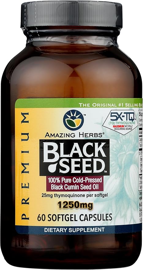 Amazing Herbs Premium Black Seed Oil Capsules - High Potency Cold Pressed Nigella Sativa Aids in Digestive Health Immune Support &amp Brain Function - 60 Count 1250mg