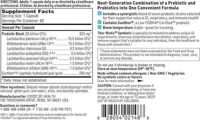 Klaire Labs SFI Health Ther-Biotic Synbiotic - Prebiotics and Probiotics for Women &amp Men - 50 Billion CFU Probiotic Capsules with Sunfiber - Digestive Health and Immune Support (60 ct)