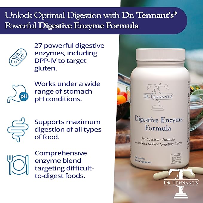 Dr. Tennant's Digestive Enzyme Supplement | 27 Enzymes with 2X DPP-IV | Supports Gut Health Bloating Relief &amp Gluten and Dairy Digestion | 200 Capsules – 100 Day Supply