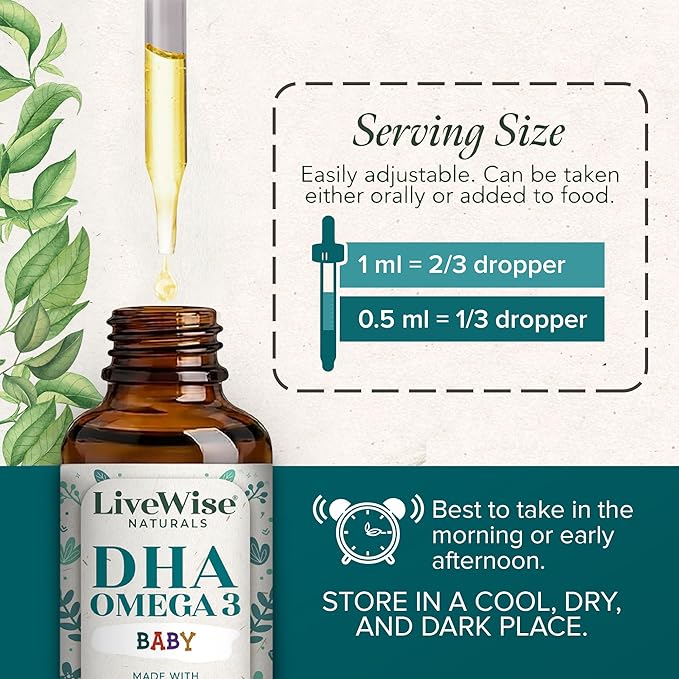 LiveWise Naturals DHA Omega 3 Drops for Kids - Vegan Liquid Omega 3 for Infants Toddlers &amp Children - Essential DHA Supplement for Baby Brain Eye &amp Immune Health