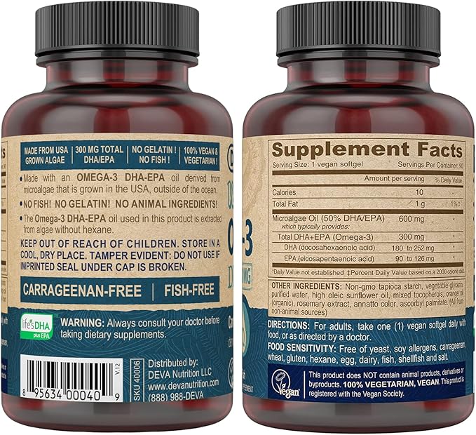 DEVA Vegan Omega-3 DHA-EPA 300MG 2-Pack – No Carrageenan Non-Fish Oil Derived from Algae Non-GMO 90 Gelatin-Free Softgels Ea