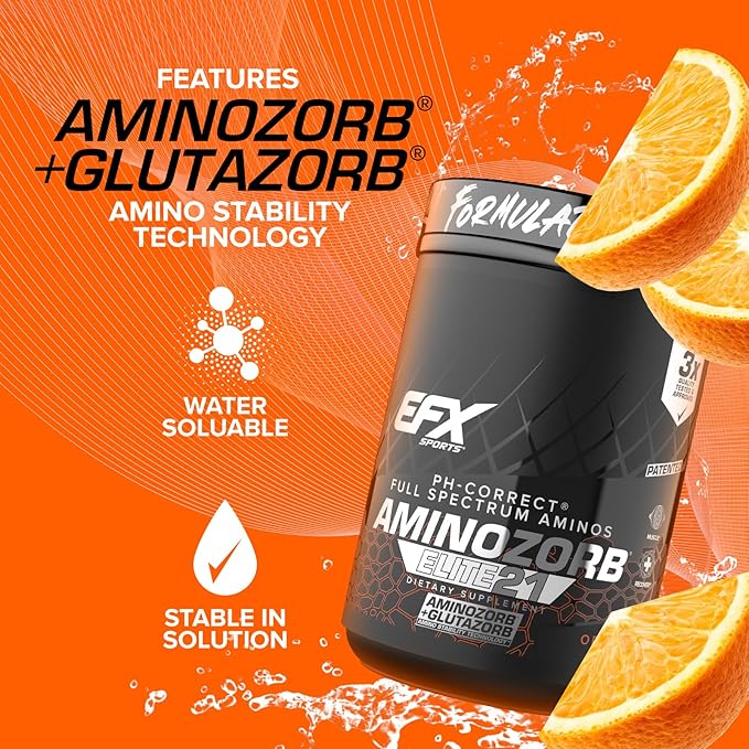 EFX Sports Aminozorb Elite 21 | PH-Correct Full Spectrum Aminos + Glutamine | Essential &amp Non Essential Aminos | Zero Sugars | 30 Servings (Orange Splash)