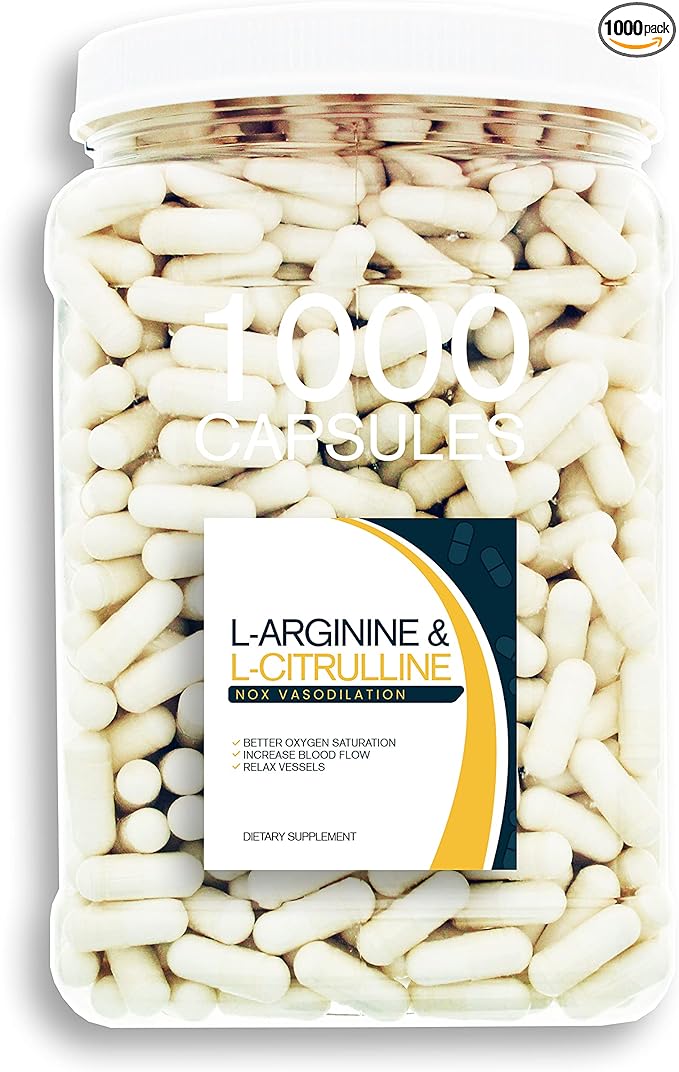 NOX Blend - 1000 Capsules of L-Arginine &amp L-Citrulline in a Clear Square Grip Jar