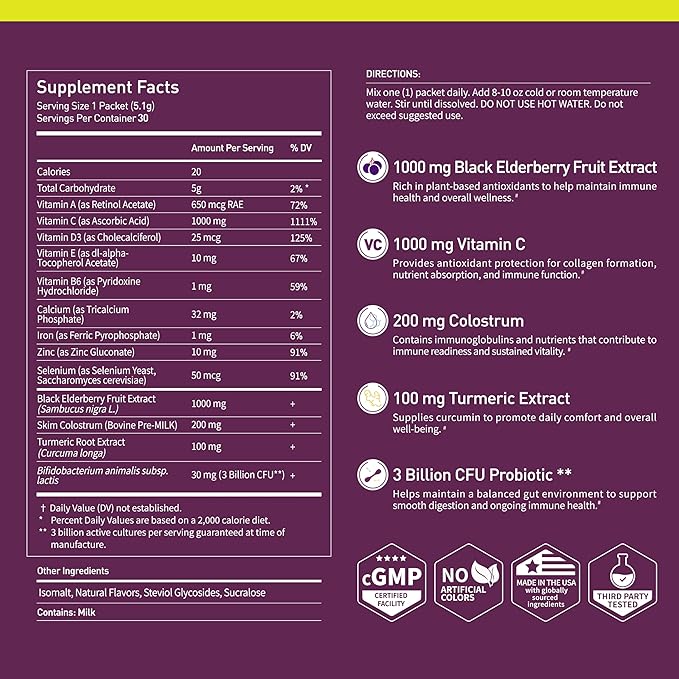 Secret Forest ImmuniGlow 1000mg Vitamin C 1000mg Black Elderberry Probiotics Colostrum Turmeric &amp Zinc – Antioxidant &amp Recovery Formula Daily Immunity &amp Gut Support Drink Mix (30 Pac