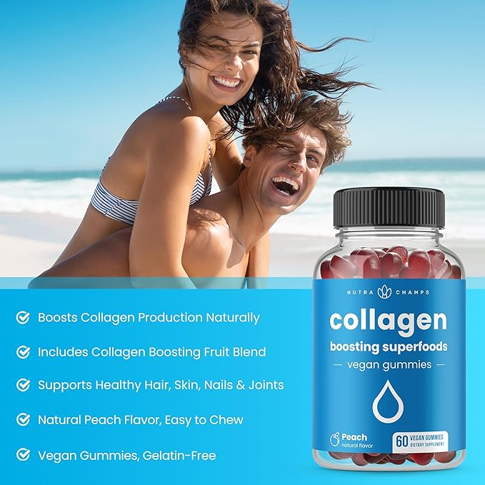 NutraChamps Collagen Boosting Gummies Collagen Booster Gummy for Natural Collagen Production Vegan Pectin Supplements Chews for Women &amp Men 60 Peach Gummies (Pack of 2)