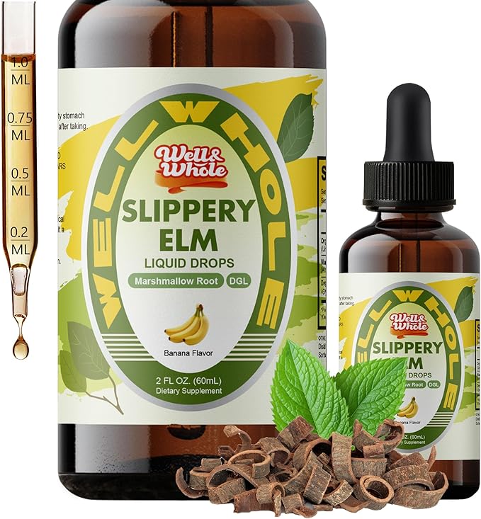 Slippery Elm Liquid Drops Marshmallow Root Slippery Elm Bark Tincture with DGL Licorice Extract Digestive Health Soothing Throat Support &amp Stomach Comfort Vegan 60ML
