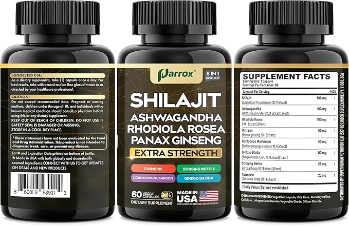 Shilajit Supplement Panax Ginseng Ashwagandha Rhodiola Rosea Cordyceps Mushroom Stinging Nettle Turmeric Gingko Biloba – Pure Shilajit All In One Supplements for Men and Women (180 Caps)