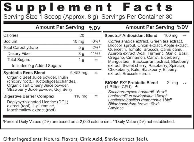 BIOHM Super Reds Beet Root Powder Antioxidant Smoothie Mix with Tart Cherry Extract and 19 Red Whole Foods Packed with Prebiotics and Probiotics Non-GMO Red Berry Flavor 30 Servings