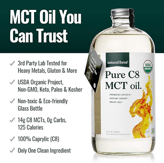 Natural Force Dark Roast Clean Coffee + Organic Pure C8 MCT Oil Bundle – 100% C8 MCTs &amp Mold &amp Mycotoxin Free Coffee – Non-GMO Keto Paleo and Vegan - 12 Oz and 32 Oz